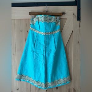 Lilly Pulitzer teal and gold strapless dress size 4
